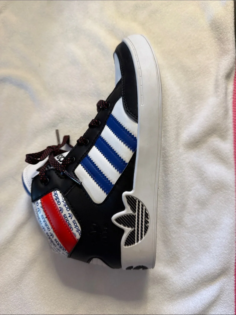 Adidas Kids Black White Blue Red High-Top Sneakers w Logo Stripe